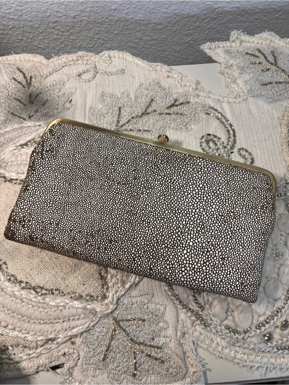 HOBO Metallic Shagreen Stingray Style Frame Wallet Clutch